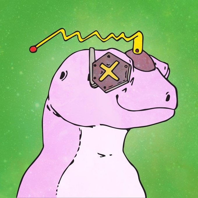 A pink cartoon dinosaur with a metallic hexagonal device attached to its head and a yellow coiled antenna, set against a green starry background.