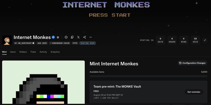 The image shows the "Internet Monkes" NFT minting page on Rodewood Chain with a pre-mint by "The MONKE Vault" running from August 26 at 11:30 PM GMT+8, limited to 1,200 per wallet, while a countdown timer displays 0 days, 0 hours, 0 minutes, and 59 seconds until minting begins—reflecting the author's bullish anticipation for the launch.