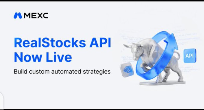 MEXC exchange promotional banner announcing 'RealStocks API Now Live' to build custom automated strategies, featuring a silver bull statue with a blue circular arrow and API icon.