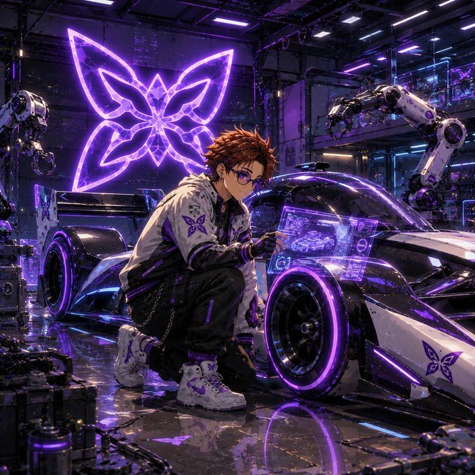A digital artwork of a brown-haired character crouching next to a purple neon-lit futuristic car in a high-tech garage with a butterfly neon sign.