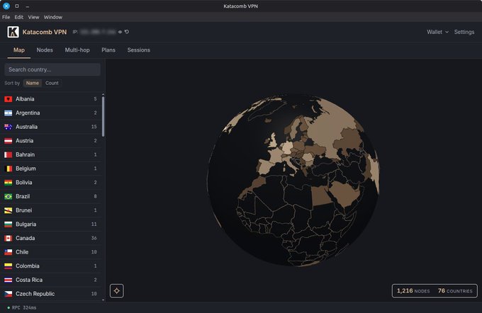 The Katacomb VPN desktop client interface displays an interactive world map with 1,210 nodes across 76 countries, alongside a sidebar listing available locations like Albania (5 nodes), Australia (15 nodes), Canada (36 nodes), and Brazil (8 nodes). The interface visually represents the global Sentinel Network infrastructure mentioned in the post, showcasing the distributed node coverage that supports Katacomb's multiple VPN protocols.