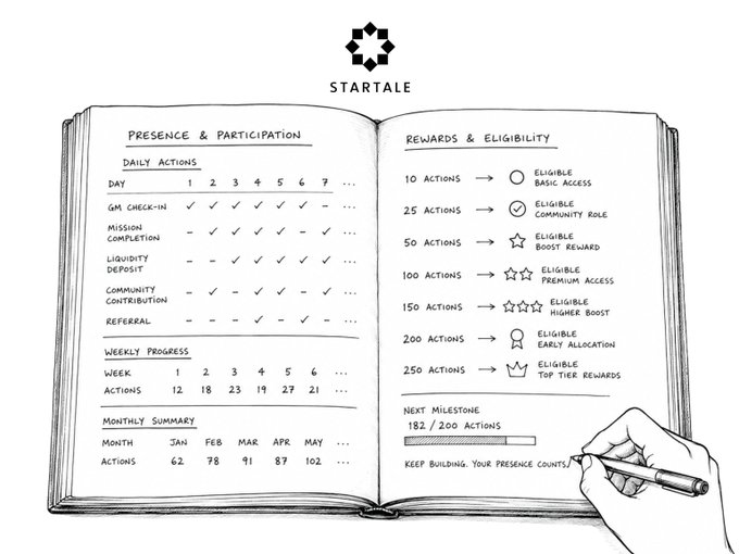 Hand-drawn illustration of an open notebook under the 'STARTALE' logo, outlining daily actions, weekly progress, and a rewards system based on action counts up to 250.