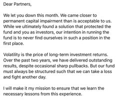 This image shows a "Dear Partners" letter acknowledging a difficult month and a close call with "permanent capital impairment," a stark contrast to the accompanying post's mention of Leopold's "80% YTD" gains on a "10 figure NAV."