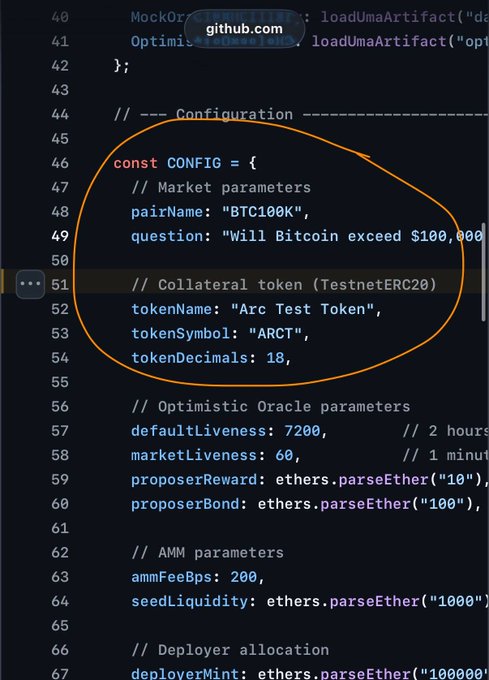 A code snippet from GitHub showing a CONFIG object for a 'BTC100K' prediction market with collateral token 'Arc Test Token' (ARCT) circled in orange.