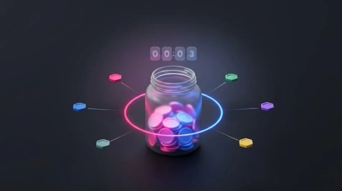 A glowing jar filled with neon pink and blue coins sits at the center of a dark background, encircled by a luminous pink and blue ring and surrounded by colorful hexagonal icons, with a digital countdown timer reading "00:03" hovering above. The image visually represents the Fundraise feature on Hupsocial, where the jar symbolizes a collective crowdfunding pot and the countdown timer reflects the time-limited nature of onchain fundraising campaigns.
