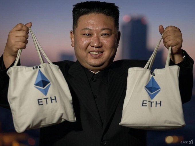 An AI-generated image showing Kim Jong Un holding up two white tote bags printed with the Ethereum (ETH) logo, with a city skyline at dusk in the background.