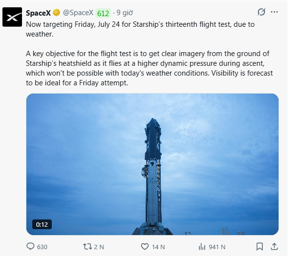 SpaceX (@SpaceX) tweet announcing targeting Friday, July 24 for Starship's thirteenth flight test, featuring an image of the Starship rocket on the launchpad against a blue sky.
