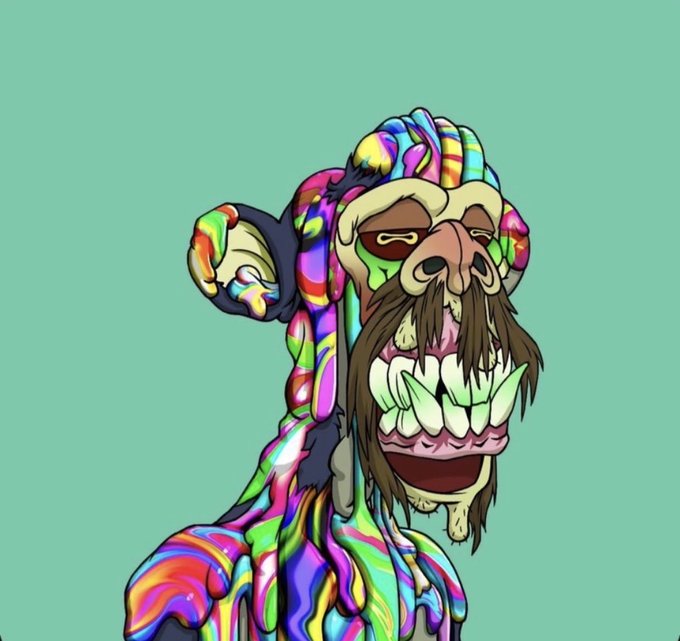 A colorful, psychedelic illustration of a grinning ape-like creature with exaggerated teeth, set against a plain green background.