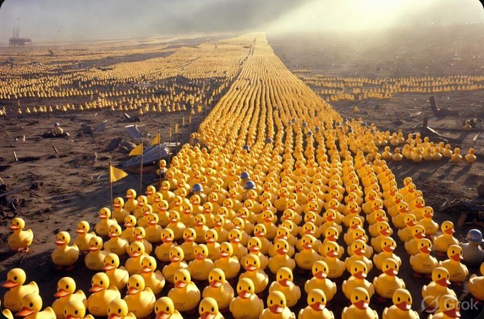 A surreal, wide-angle image of a massive gathering of yellow rubber ducks arranged in rows on a beach-like landscape extending to the horizon, with 'Grok' watermarked in the corner.