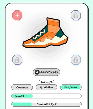 The image shows a shoe with an orange sole, white laces, and a black heel. The shoe appears to be a sneaker or athletic shoe designed for walking or running activities. It has a unique design that stands out from typical sneakers.
