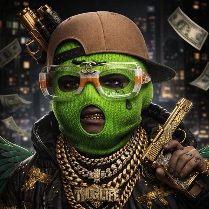 A stylized digital illustration of a person wearing a green ski mask, clear safety glasses, and numerous gold chains, holding two gold-plated handguns amidst falling money.