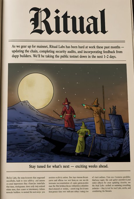 A promotional graphic for Ritual Labs featuring the headline "Ritual" in gothic-style lettering and an illustrated scene of three hooded figures in red, yellow, and green robes casting spells beneath a large moon, with text announcing that the public testnet is being taken down in 1-2 days as the project prepares for mainnet following security audits and dApp builder feedback.