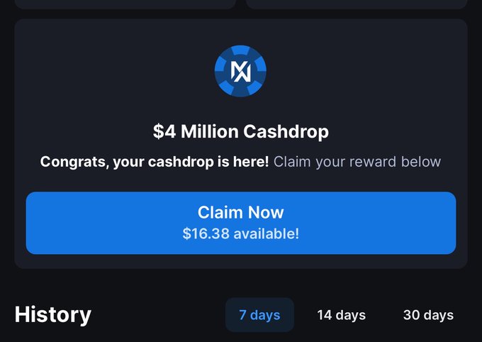 This is a screenshot showing a "$4 Million Cashdrop" from MetaWin, with "$16.38 available!" to claim, confirming the user's post about receiving free money.