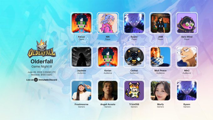 A lineup page for 'Olderfall Game Night III' on June 26, 2026, showing player and audience avatars including Korian, Nik, Ryvain, JAM, Aero Wind, and Cedsei.