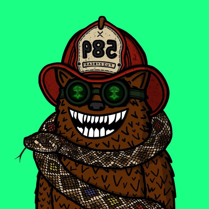 A cartoon illustration of a brown bear wearing a red firefighter helmet labeled '52' and goggles with green snake designs, smiling with sharp teeth while a snake wraps around its body, set against a bright green background.