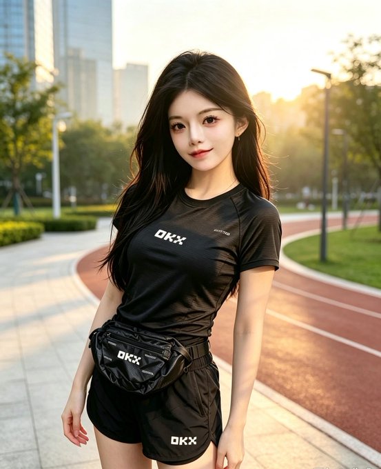 A portrait of a young woman with long dark hair wearing a black athletic outfit with 'OKX' branding, standing near a running track in a park with city skyscrapers in the background.