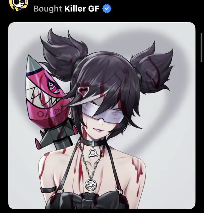This image shows a stylized anime character with dark hair and blood splatters, carrying a pink rocket launcher, which represents the "Killer GF" NFT mentioned in the post. The top of the image features the text "Bought Killer GF" next to a verified checkmark.
