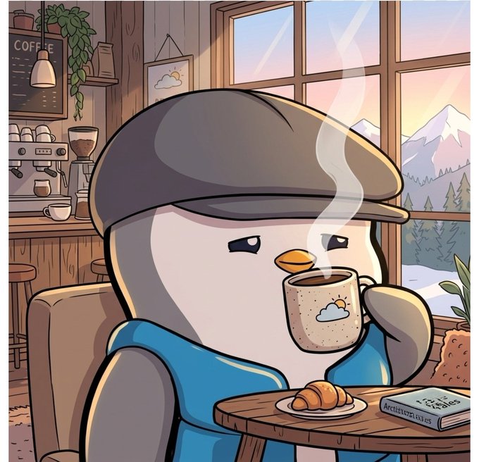 A cartoon illustration of a sad penguin-like character wearing a flat cap and blue shirt, drinking from a steaming coffee mug with a croissant on a cafe table.