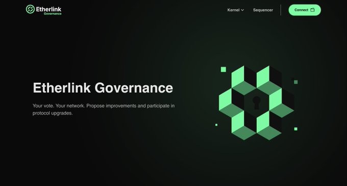 The image shows a webpage header for "Etherlink Governance" with the tagline "Your vote. Your network. Propose improvements and participate in protocol upgrades," alongside a geometric green cube illustration featuring a lock icon. This visually reinforces the post's message about community-driven, on-chain governance through Tezos, emphasizing secure, decentralized protocol upgrades with no privileged operators.