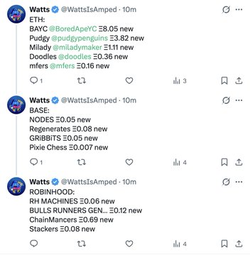 Three consecutive tweets from verified account 'Watts' (@WattsIsAmpded) displaying lists of cryptocurrency tokens and their prices with the 'new' indicator on ETH: $AVC, Pudgy, Milady, Doodles, mfers; BASE: NODES, Regenerates, GRIBBITS, Pixie Chess; and ROBINHOOD: RH MACHINES, BULLS RUNNERS GEN., ChainMancers, Stackers.