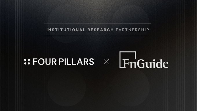 A graphic announcing an 'INSTITUTIONAL RESEARCH PARTNERSHIP' between Four Pillars and FnGuide on a dark background.
