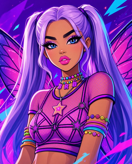 A vibrant digital illustration of a stylized character with long lavender twin-tails, purple eyes, butterfly wings, and a pink outfit adorned with stars, beads, and smiley-face bracelets.