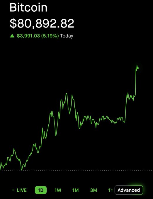 A cryptocurrency tracking app displaying the Bitcoin price at $80,892.82, up $3,991.03 (5.19%) for the day, with a green 1D line chart.