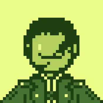A pixel art illustration of a man with dark hair and sunglasses wearing a suit and tie, rendered in monochromatic green tones.