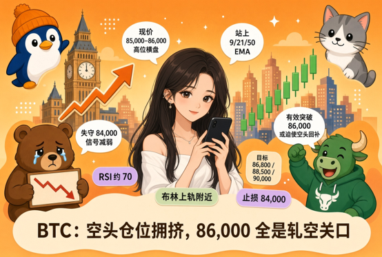 The image is a stylized crypto market infographic featuring an animated woman checking her phone, alongside a penguin, cat, and bear and bull mascots, with a candlestick chart of Bitcoin's recent price action climbing toward 90,000 in the background. Key text highlights include "BTC: 空头仓位拥挤，86,000 全是轧空关口," "现价 85,000-86,000 高位横盘," "有效突破 86,000 或迫使空头回补," "RSI约 70," "失守 84,000 信号减弱," and "止损 84,000" with targets 86,800 / 88,500 / 90,000, visually reinforcing the post's call for a potential short squeeze above the 86,000 level.