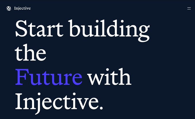 The image shows a website called "injective" with a dark blue background. The main content of the website is about starting building the future with injective, which suggests that the site provides resources and tools for AI development or machine learning projects. The text on the website reads "Start building the future with injective." This implies that the website offers guidance and support to those who want to learn how to use injective effectively in their projects.