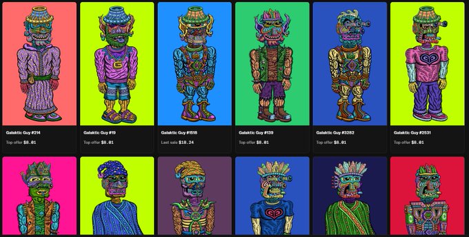 A grid of colorful, psychedelic "Gangsta Guy" NFT character cards (#19, #35, #193, #208, #258, and #281) displayed on vibrant backgrounds, each labeled with "Top offer" prices ranging from $6.01 to $8.24, illustrating a user's reveal of their randomly assigned generative collectibles.