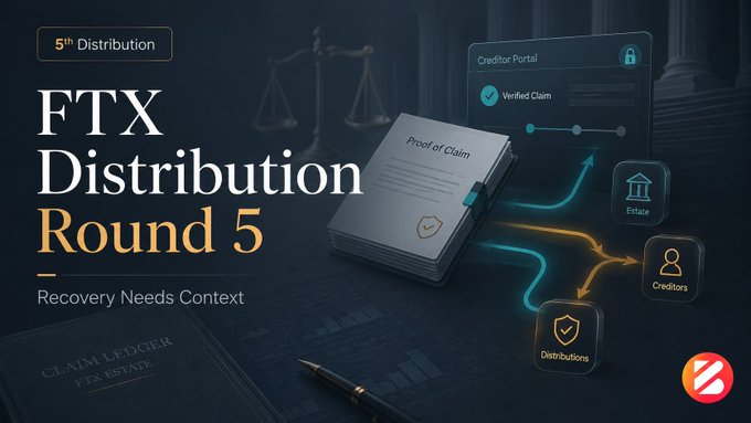 A promotional graphic for 'FTX Distribution Round 5' with the tagline 'Recovery Needs Context', depicting a 'Proof of Claim' document flowing toward 'Creditor Portal', 'Estate', 'Creditors', and 'Distributions' icons.