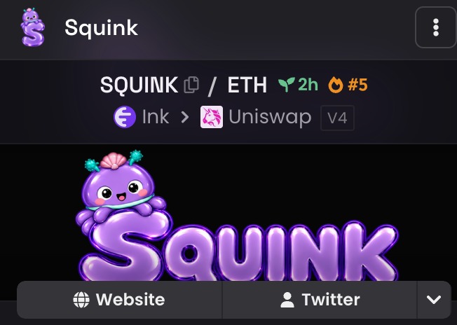 A screenshot of the Squink token listing on a decentralized exchange tracker, showing the SQUINK/ETH trading pair on Uniswap V4 (via Ink) with 2h growth and #5 trending status. The image supports the post by highlighting the Squink team's promotional push, evident through the recently launched trading pair and prominent trending rank.