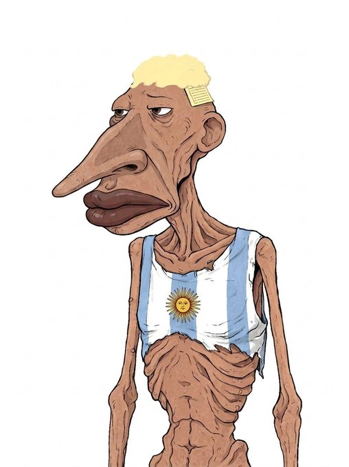 A cartoon illustration of an emaciated figure with blonde hair wearing an Argentina national team jersey featuring the sun emblem.