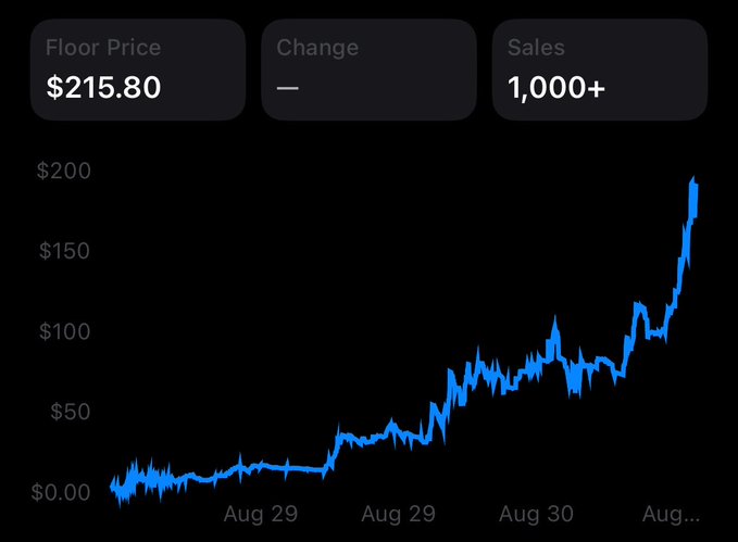 A line chart showing a steep upward price trend from near $0 to nearly $200 between Aug 29 and late Aug 30, with 'Floor Price $215.80', 'Sales 1,000+', and no change indicated.