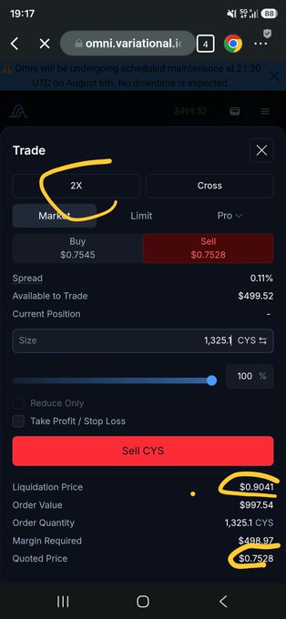 A screenshot of a trade interface on Omni (omni.variational.li) showing a short position on CYS (Cysic) perpetual with 2X leverage, a size of 1,325.1 CYS, a quoted price of $0.7528, and a liquidation price of $0.9041—illustrating the leveraged short trade being mocked as a "poor man's" alternative to using a more popular perp DEX.