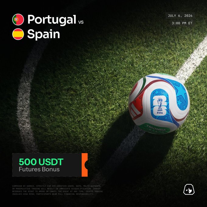 Promotional graphic for a Darkex World Cup prediction contest featuring Portugal vs Spain on July 6, 2026 at 3:00 PM ET, with a "500 USDT Futures Bonus" offer and a Trionda match ball resting on a green pitch. The image visually supports the post's call-to-action asking followers to comment their exact score predictions for the match.