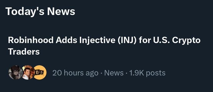 News section headline reading 'Robinhood Adds Injective (INJ) for U.S. Crypto Traders,' posted 20 hours ago in the News category with 1.9K posts.