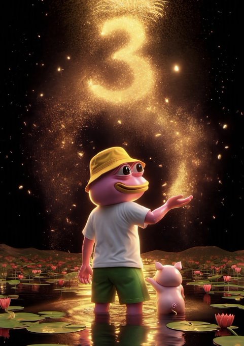 A 3D-rendered pink duck-like character wearing a yellow bucket hat, white t-shirt, and green shorts stands in a lotus pond beneath a glowing golden number '3' formed from sparkling particles in the night sky.