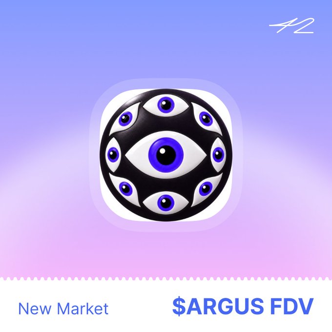 A promotional graphic features a black spherical logo adorned with multiple blue-and-white eyes, displayed on a soft purple gradient background. The bottom of the image reads "New Market" and "$ARGUS FDV," highlighting Arguspad as a launchpad tied to Circle's Arc chain.