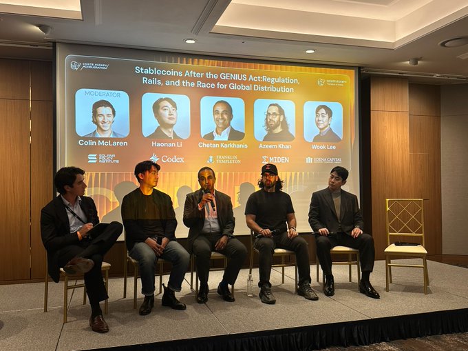 Five panelists sit on stage at Cointelegraph Connect: Seoul Edition, with the screen behind them reading "Stablecoins After the GENIUS Act: Regulation, Rails, and the Race for Global Distribution" and featuring their names—Colin McLaren (moderator), Hasanan Li, Cheran Karkhanis, Azeem Khan, and Wook Lee—representing Solana Institute, Codex, FTDA, Miden, and Edena, respectively.