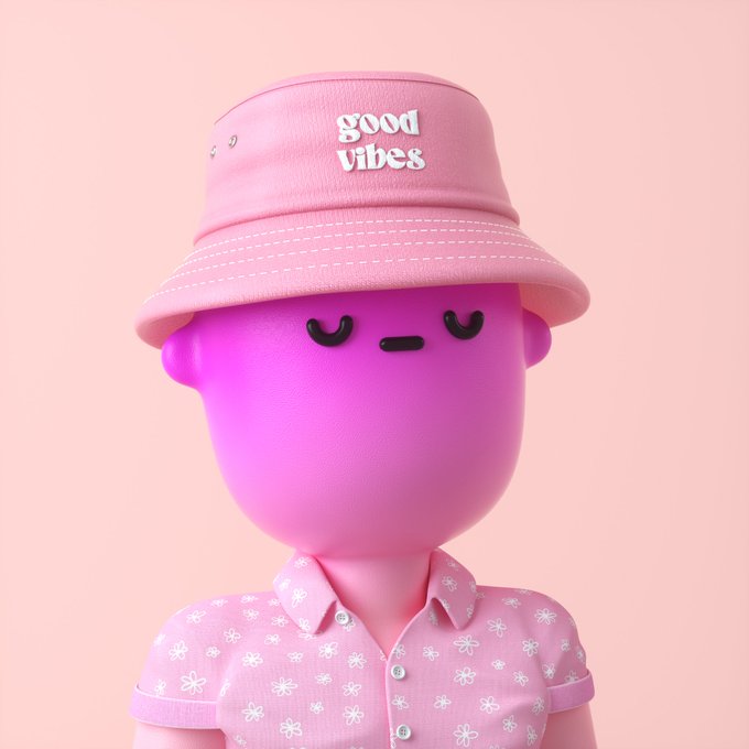A 3D-rendered pink character with closed eyes wears a pink bucket hat embroidered with 'good vibes' and a pink floral-patterned polo shirt against a matching pink background.
