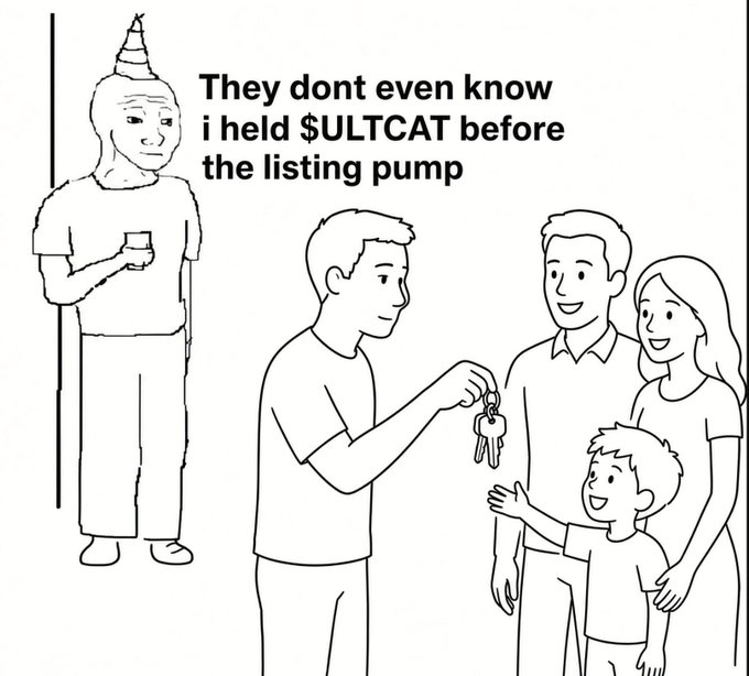 A black and white meme illustration depicting a man receiving keys while a party hat-wearing bystander comments 'They dont even know i held $ULTCAT before the listing pump'.
