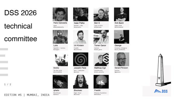 A slide titled 'DSS 2026 technical committee' showing headshots of 12 committee members with their names and Twitter handles, labeled 'Edition #5 | Mumbai, India'.
