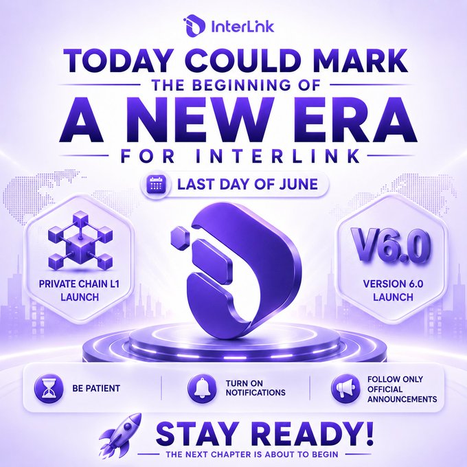 A purple-themed promotional graphic for InterLink announcing the "beginning of a new era," featuring icons for the "Private Chain L1 Launch" and "V6.0 Version 6.0 Launch" scheduled for the "Last Day of June." The image aligns with the post's message of community anticipation, displaying tips like "Be Patient," "Turn on Notifications," and "Follow Only Official Announcements," ending with the call to action "Stay Ready! The Next Chapter Is About to Begin."