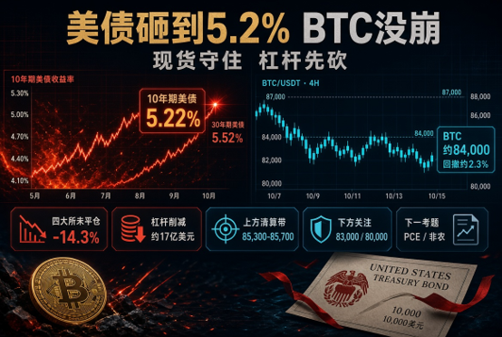 A financial infographic in Chinese headlined '美债砸到5.2% BTC没崩' (US bonds hit 5.2%, BTC didn't collapse), featuring charts of the 10-year US Treasury yield at 5.22% and BTC/USDT around $84,000, alongside a Bitcoin coin graphic and US Treasury bond image.