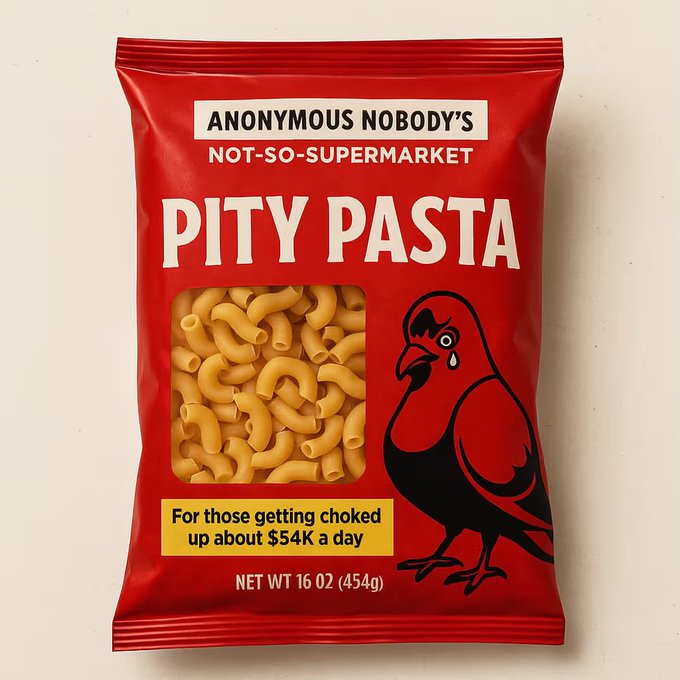 Red package labeled 'PITY PASTA' from 'Anonymous Nobody's Not-So-Supermarket'
