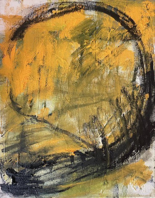 An abstract expressionist painting utilizing bold black brushstrokes over a textured background of yellow, ochre, and olive-green hues.