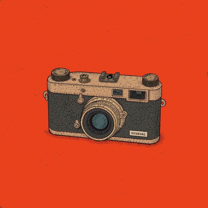 An illustrated vintage camera with a label reading 'unusual' set against a textured orange background.
