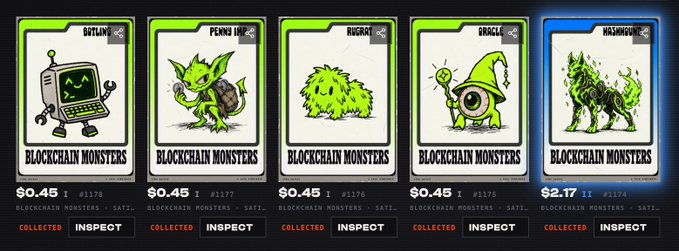 A row of five 'Blockchain Monsters' NFT cards featuring characters like Getlink, Plains Imp, Ruggo, Oracle, and Hashkush, with prices around $0.45 except Hashkush at $2.17.